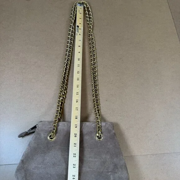 Taupe Suede Shoulder Bag with Gold Chain Strap Classic Purse - Picture 8 of 10